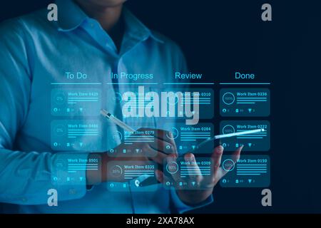Agile software development or project management using kanban or scrum methodology boards on screen. Process, workflow, visual organisation tools and Stock Photo