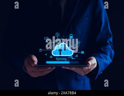 Cloud computing diagram show on virtual screen. Cloud syncing technology. Data storage. Network internet service concept, Big Data, upload, download, Stock Photo