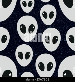 Grey alien heads seamless pattern with universe background Stock Vector