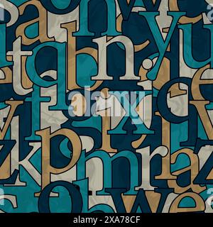 Beautiful alphabet serif old type blue and yellow seamless pattern Stock Vector