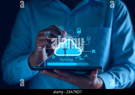 Cloud computing diagram show on virtual screen. Cloud syncing technology. Data storage. Network internet service concept, Big Data, upload, download, Stock Photo