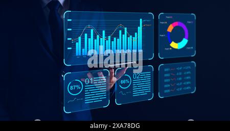 Data analyst working on business analytics dashboard with charts, metrics and KPI to analyze performance and create insight reports and strategic deci Stock Photo