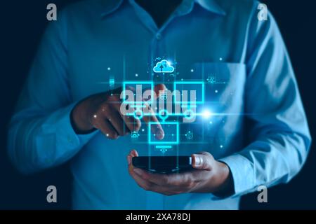 Smart data exchange technology, Data transfer, Cloud network connects to internet server of business. Online data storage and cyber security. Cloud sy Stock Photo