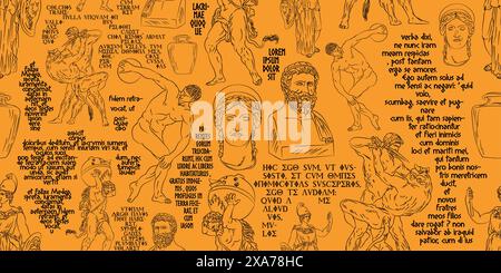 Beautiful ancient greek culture elements figures seamless pattern with orange background Stock Vector