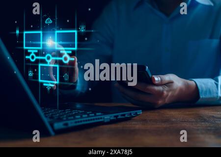 Smart data exchange technology, Data transfer, Cloud network connects to internet server of business. Online data storage and cyber security. Cloud sy Stock Photo