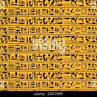 Ancient dark brown egyptian hieroglyphs alphabet pattern over yellow background seamless pattern Stock Vector