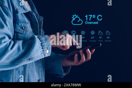 Hands holding smartphone with Weather forecast widget concept. cloudy, rainy and sunny day concept, touchscreen device with different seasons and dail Stock Photo