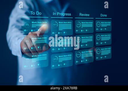 Agile software development or project management using kanban or scrum methodology boards on screen. Process, workflow, visual organisation tools and Stock Photo
