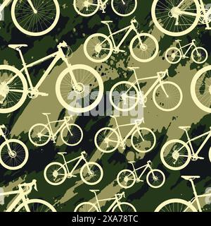bicycle seamless pattern over camouflage water color effect at background Stock Vector