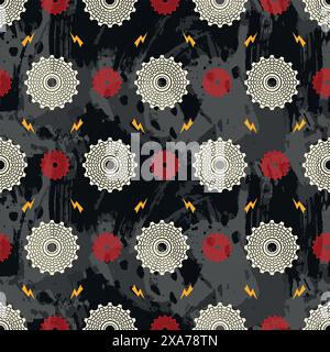 White and red bicycle cassettes with yellow lightning bolts over a black water color effect background seamless pattern Stock Vector