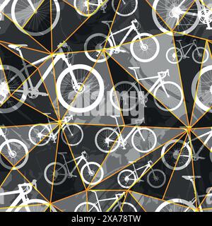 White bicycles seamless pattern over geometric triangles water color effect at background Stock Vector