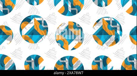 Beautiful blue and yellow circle seamless pattern with hand drawing zig zag background Stock Vector