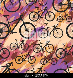 Black bicycle seamless pattern over colorful water color effect at background Stock Vector