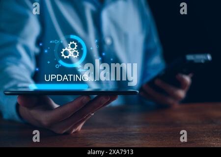 Operating system upgrade concept, installation app and software update process, modernize user equipment, update modern functions, developer released Stock Photo