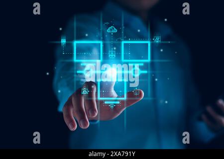 Smart data exchange technology, Data transfer, Cloud network connects to internet server of business. Online data storage and cyber security. Cloud sy Stock Photo
