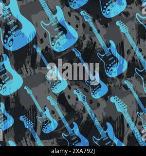 Blue vintage electric guitar over grey  water color background effect seamless pattern Stock Vector