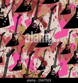 Modern electric guitar over multicolor water color background effect seamless pattern Stock Vector