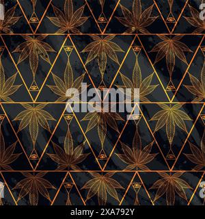 Cannabis or Marijuana golden Leaf into a triangle with illuminati eye with water color black background effect seamless pattern Stock Vector
