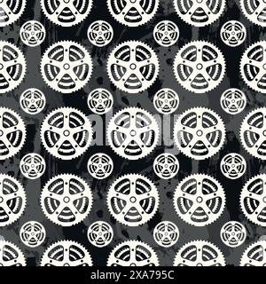 White bike chain ring seamless pattern over dark grey water color effect at background Stock Vector