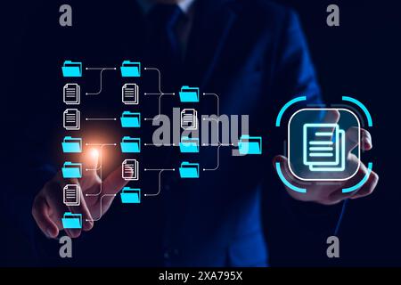Document management system, DMS and business process system automation technology. Finger touching document icon on virtual screen. File storage data Stock Photo