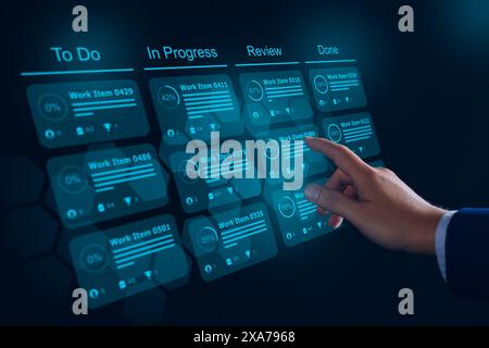 Agile software development or project management using kanban or scrum methodology boards on screen. Process, workflow, visual organisation tools and Stock Photo