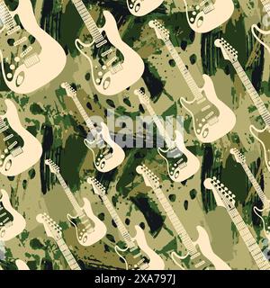Vintage electric guitar over dark green camouflage water color background effect seamless pattern Stock Vector