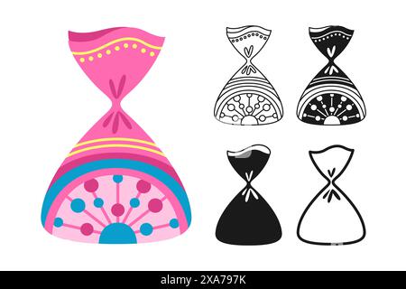 Candy with ornament wrapped sign set. Sweets bonbon lollipop chocolate caramel candies snack flat silhouette, icon linear design. Simple symbol dessert for childish party. Wrapped caramel yummy vector Stock Vector