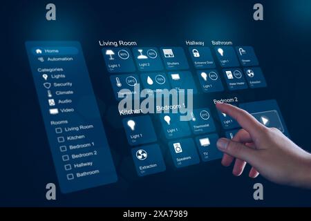 Smart home concept. Person controlling electronic devices in house. Via digital hologram control panel, connected through Wi-Fi network. Smart network Stock Photo