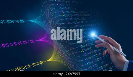 Data analytics and insights powered by big data and AI technologies. Data businessman analysing complex information with artificial intelligence for b Stock Photo