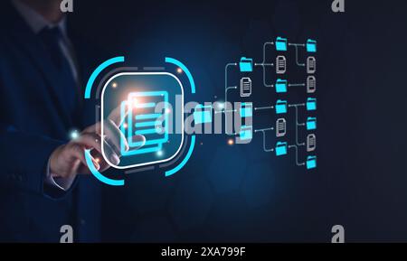 Document management system, DMS and business process system automation technology. Finger touching document icon on virtual screen. File storage data Stock Photo
