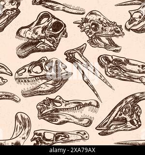 Dinosaurs fossils skull heads sketch seamless pattern Stock Vector