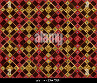 Beautiful ancient diamond seamless pattern based on indigenous art with brown marble effect at background Stock Vector