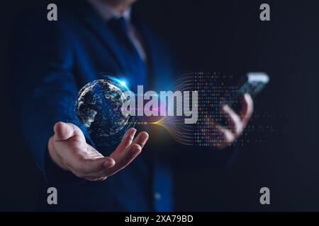 Data analytics and insights powered by big data and AI technologies. Data businessman analysing complex information with artificial intelligence for b Stock Photo