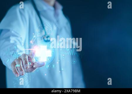 Healthcare and Medical technology concept. Medicine doctor wearing virtual reality glasses. Checking diagnosis of patient with modern simulator interf Stock Photo