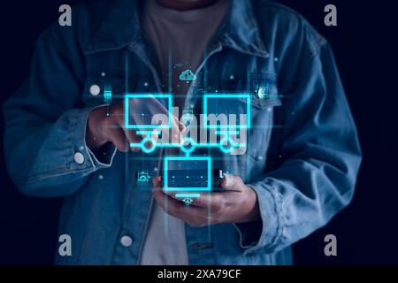 Smart data exchange technology, Data transfer, Cloud network connects to internet server of business. Online data storage and cyber security. Cloud sy Stock Photo