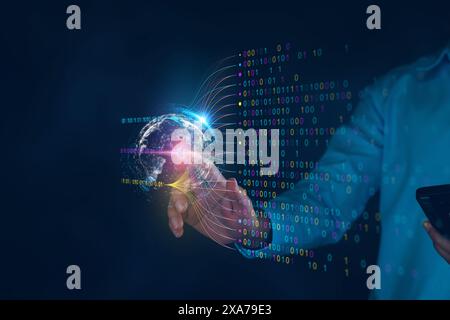 Data analytics and insights powered by big data and AI technologies. Data businessman analysing complex information with artificial intelligence for b Stock Photo