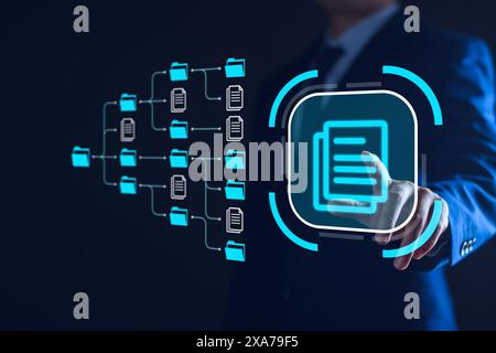 Document management system, DMS and business process system automation technology. Finger touching document icon on virtual screen. File storage data Stock Photo