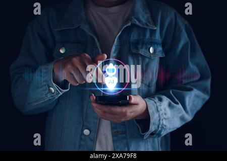 AI voice command concept. AI, Artificial Intelligence. man using technology smart robot chat AI, enter command prompt, Questions and Answers, search d Stock Photo