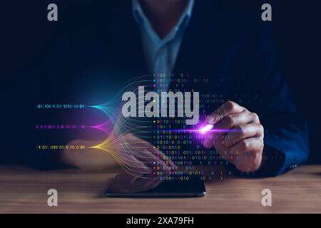 Data analytics and insights powered by big data and AI technologies. Data businessman analysing complex information with artificial intelligence for b Stock Photo