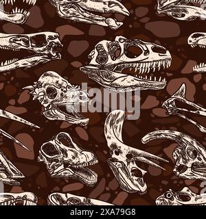 Dinosaurs fossils skull heads sketch seamless pattern over a stoned ground repeat Stock Vector