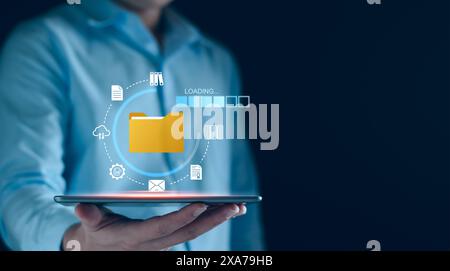 Document management and network system concept. Businessman use smart tablet loading documents in online archives ,Document management Storage and tec Stock Photo