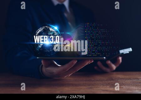 Web 3.0 concept. businessman hand show web 3.0 with globe. AI Technology global network, Future Technology Computer, Global Business Futuristic, websi Stock Photo