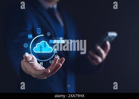 Cloud computing diagram show on virtual screen. Cloud syncing technology. Data storage. Network internet service concept, Big Data, upload, download, Stock Photo