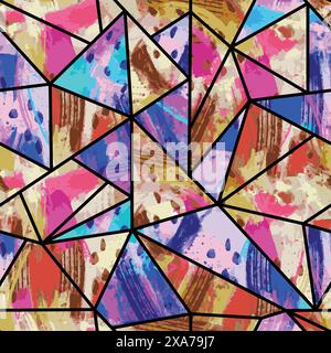 awesome water color collage seamless pattern with triangles grid Stock Vector