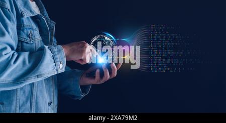Data analytics and insights powered by big data and AI technologies. Data businessman analysing complex information with artificial intelligence for b Stock Photo