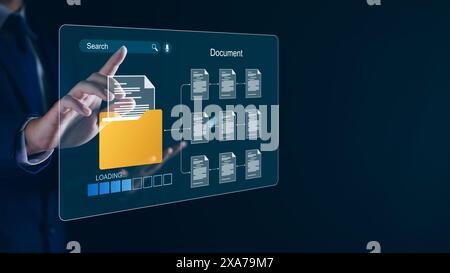 Document management and network system concept. Businessman use smart tablet loading documents in online archives ,Document management Storage and tec Stock Photo
