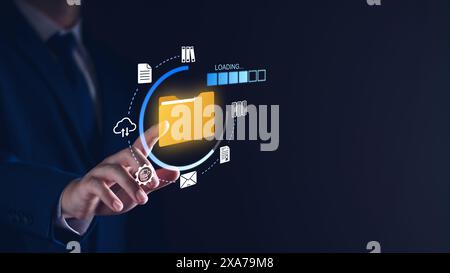 Document management and network system concept. Businessman use smart tablet loading documents in online archives ,Document management Storage and tec Stock Photo