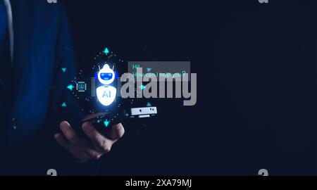 Chat bot concept. AI, Artificial Intelligence. businessman using technology smart robot chat AI, enter command prompt, Questions and Answers, analyze Stock Photo