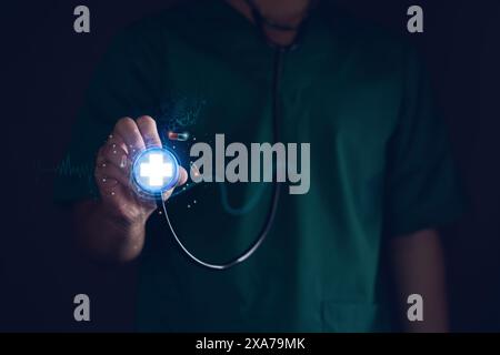 Health care and medical, Surgeon doctor diagnoses, analysis and connected. checking health scan on modern virtual screen interface, Science, Innovatio Stock Photo