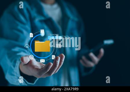 Document management and network system concept. Businessman use smart tablet loading documents in online archives ,Document management Storage and tec Stock Photo